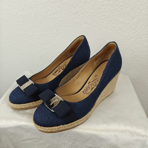 Salvatore Ferragamo Darley Espadrille Blue Denim Wedges Size 5C Women's - Picture 11 of 16